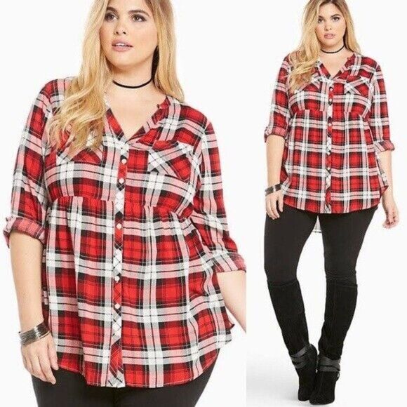 Torrid Size 2 2X Emma Babydoll Challis Red Plaid Tunic Top - Picture 1 of 10